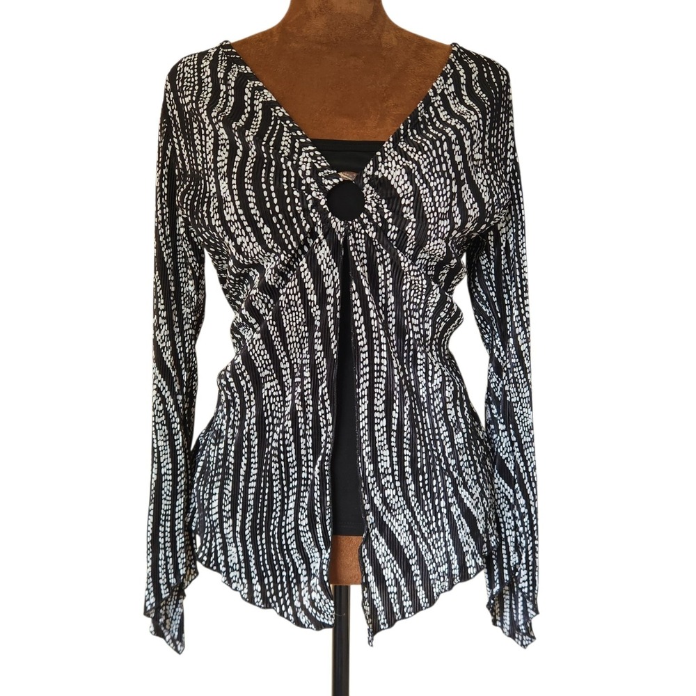 Y2K Brittany Black Whimsy Blouse Size M Black White Crinkle Layered Top NWOT